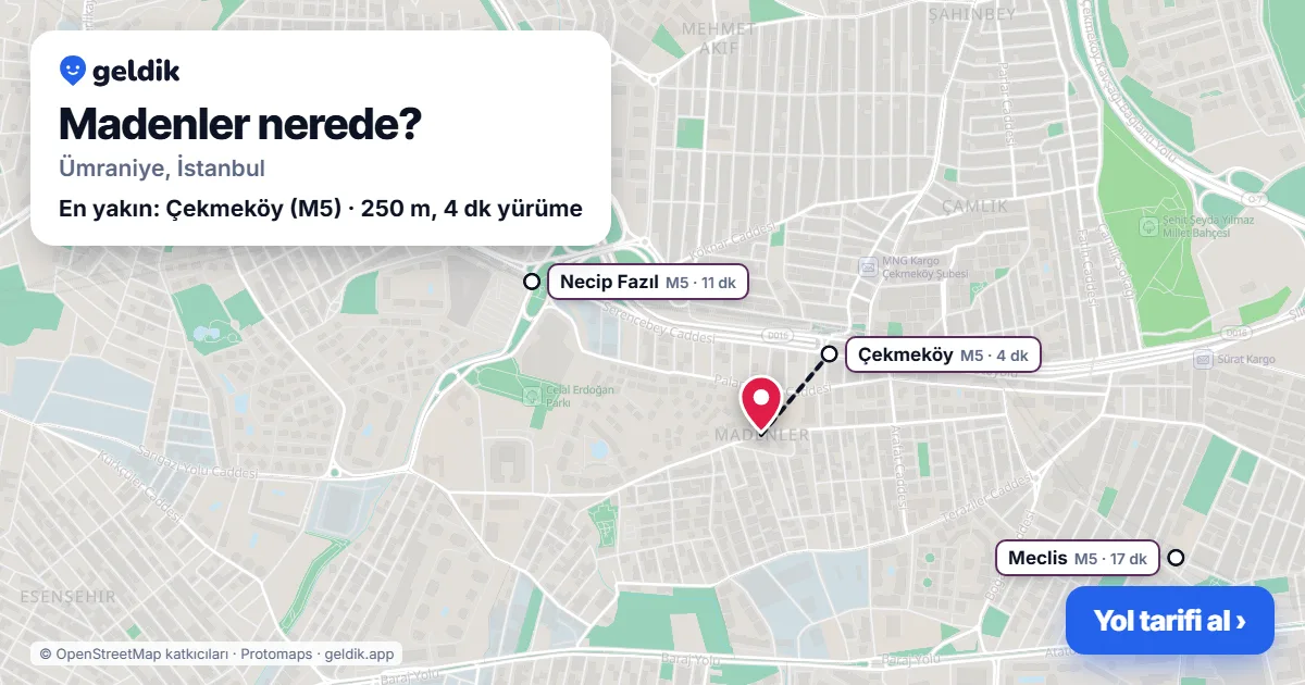 Madenler nerede: haritada Madenler (Ümraniye) ve en yakın istasyonlar, yürüme süresiyle