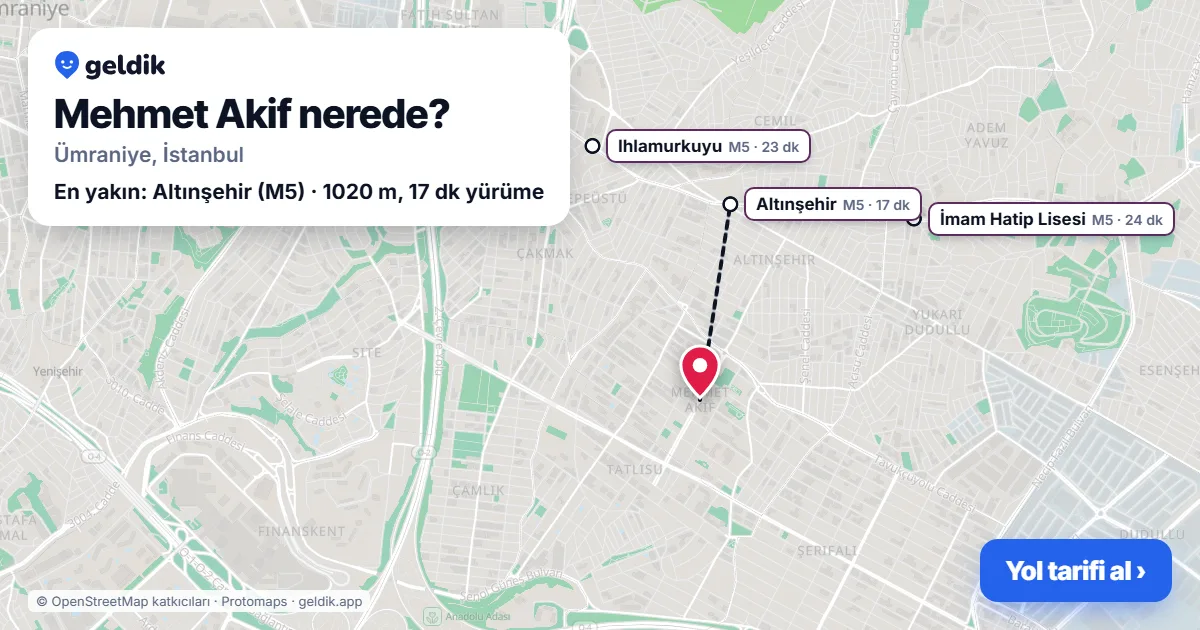 Mehmet Akif nerede: haritada Mehmet Akif (Ümraniye) ve en yakın istasyonlar, yürüme süresiyle