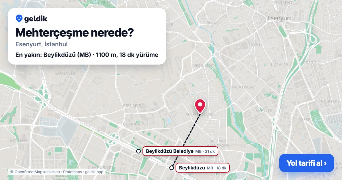 Mehterçeşme nerede: haritada Mehterçeşme (Esenyurt) ve en yakın istasyonlar, yürüme süresiyle