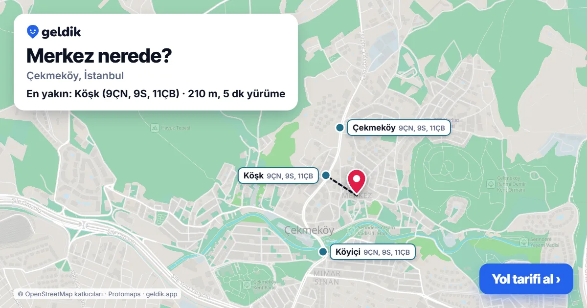 Merkez nerede: haritada Merkez (Çekmeköy) ve en yakın otobüs durakları, yürüme süresiyle