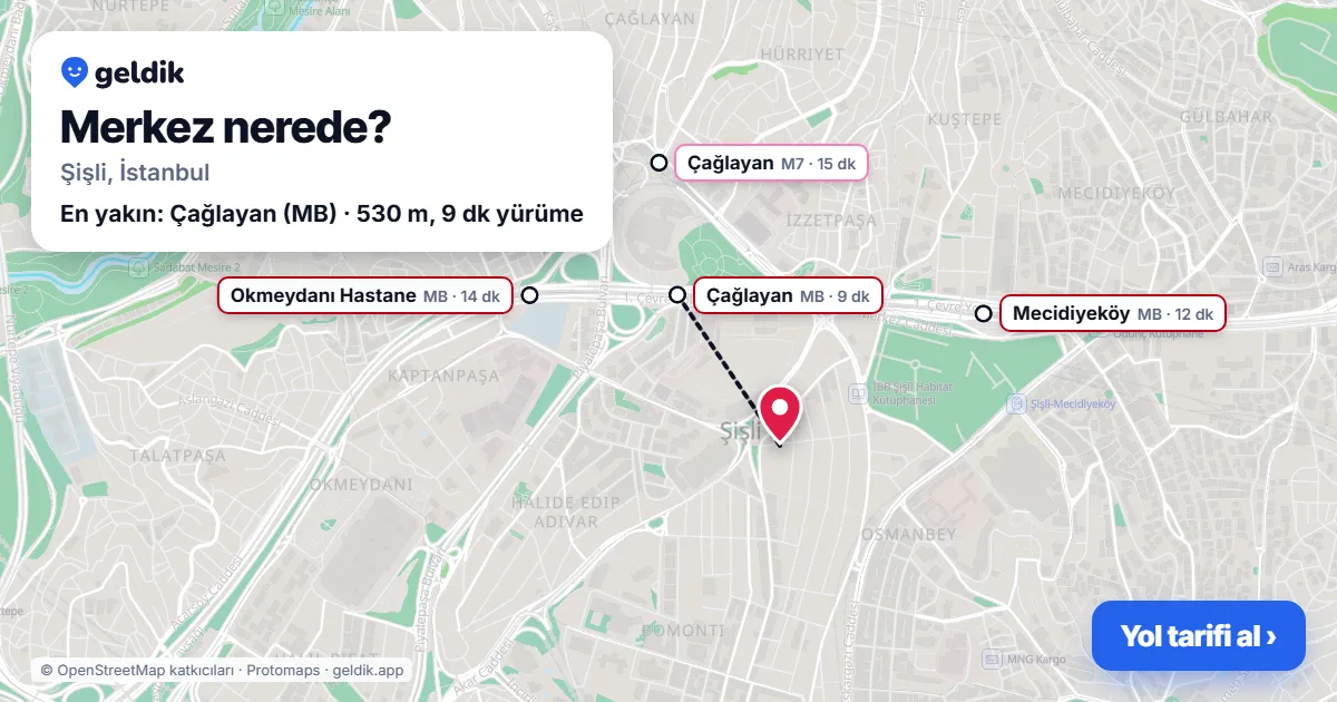 Merkez nerede: haritada Merkez (Şişli) ve en yakın istasyonlar, yürüme süresiyle