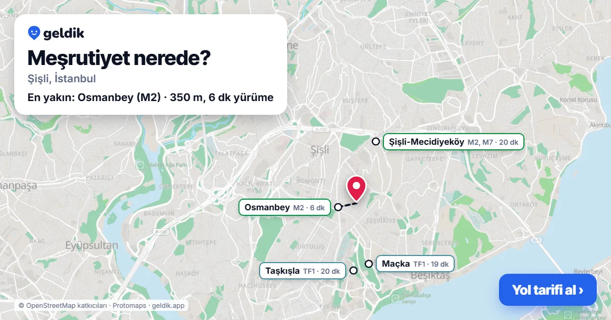 Meşrutiyet nerede: haritada Meşrutiyet (Şişli) ve en yakın istasyonlar, yürüme süresiyle