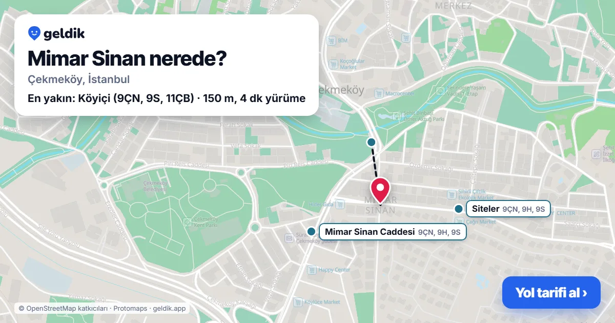 Mimar Sinan nerede: haritada Mimar Sinan (Çekmeköy) ve en yakın otobüs durakları, yürüme süresiyle