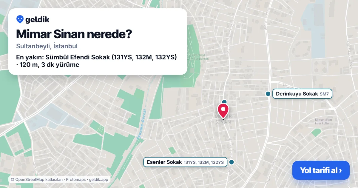 Mimar Sinan nerede: haritada Mimar Sinan (Sultanbeyli) ve en yakın otobüs durakları, yürüme süresiyle