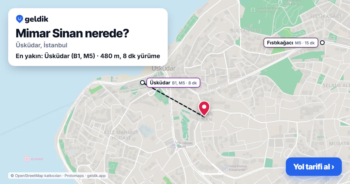 Mimar Sinan nerede: haritada Mimar Sinan (Üsküdar) ve en yakın istasyonlar, yürüme süresiyle