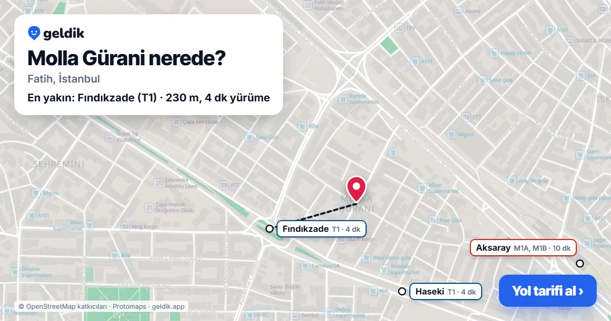 Molla Gürani nerede: haritada Molla Gürani (Fatih) ve en yakın istasyonlar, yürüme süresiyle