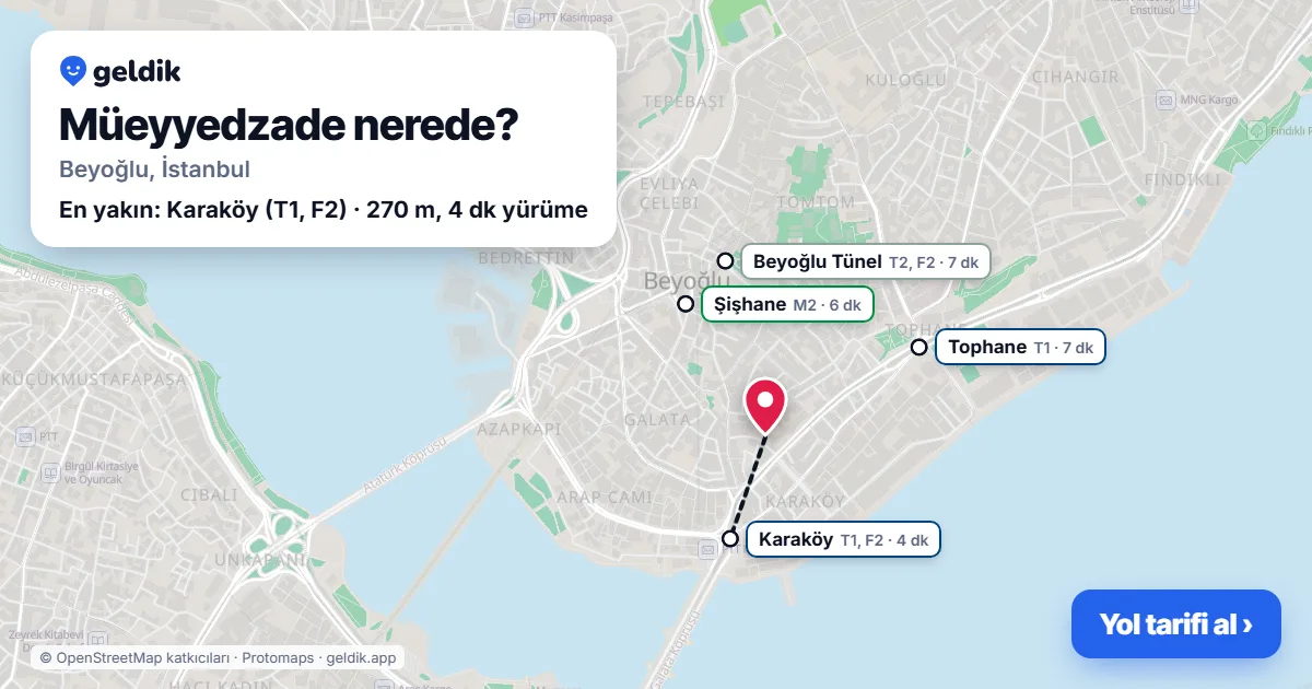 Müeyyedzade nerede: haritada Müeyyedzade (Beyoğlu) ve en yakın istasyonlar, yürüme süresiyle