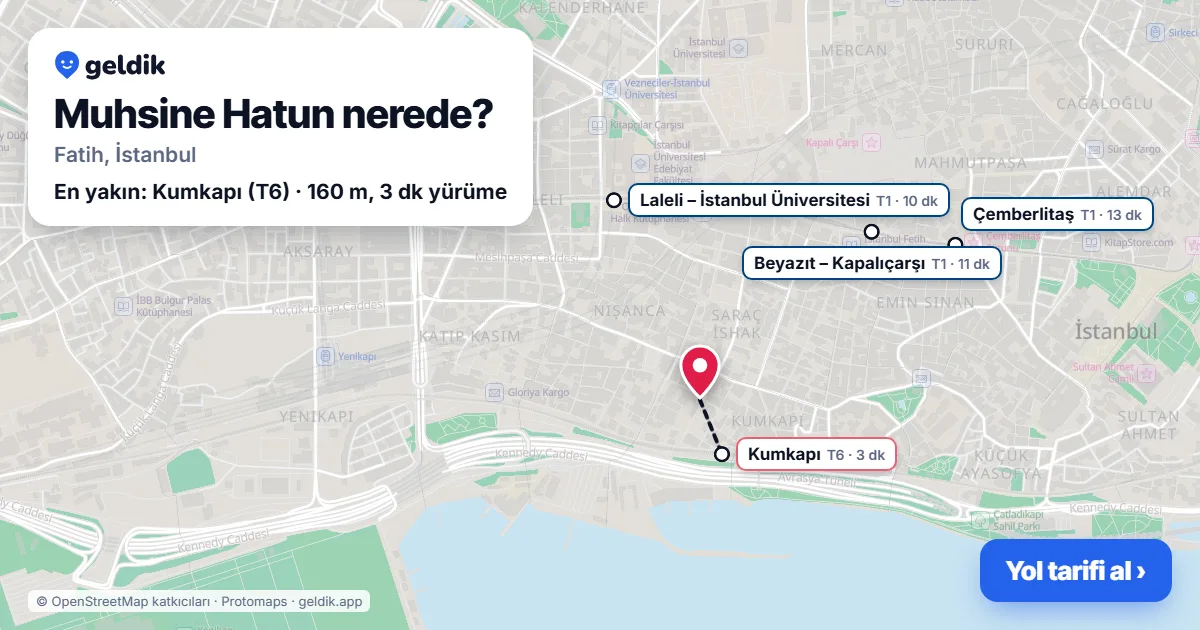 Muhsine Hatun nerede: haritada Muhsine Hatun (Fatih) ve en yakın istasyonlar, yürüme süresiyle