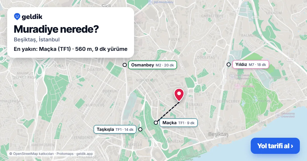 Muradiye nerede: haritada Muradiye (Beşiktaş) ve en yakın istasyonlar, yürüme süresiyle