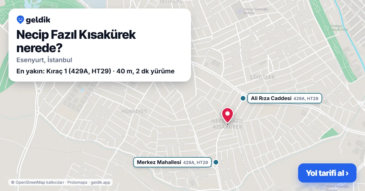 Necip Fazıl Kısakürek nerede: haritada Necip Fazıl Kısakürek (Esenyurt) ve en yakın otobüs durakları, yürüme süresiyle