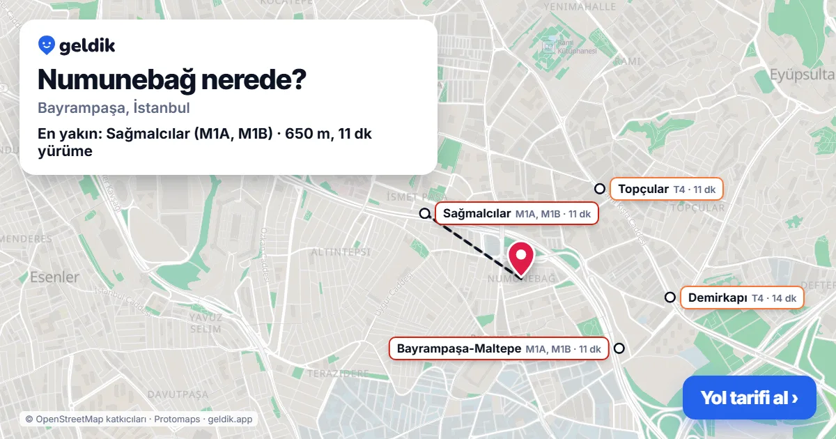 Numunebağ nerede: haritada Numunebağ (Bayrampaşa) ve en yakın istasyonlar, yürüme süresiyle