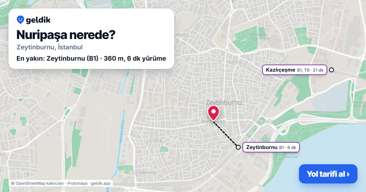 Nuripaşa nerede: haritada Nuripaşa (Zeytinburnu) ve en yakın istasyonlar, yürüme süresiyle