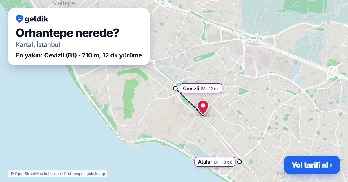 Orhantepe nerede: haritada Orhantepe (Kartal) ve en yakın istasyonlar, yürüme süresiyle