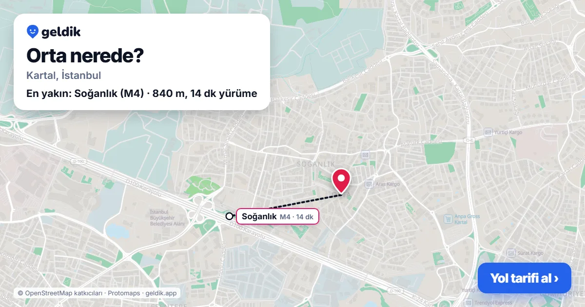 Orta nerede: haritada Orta (Kartal) ve en yakın istasyonlar, yürüme süresiyle