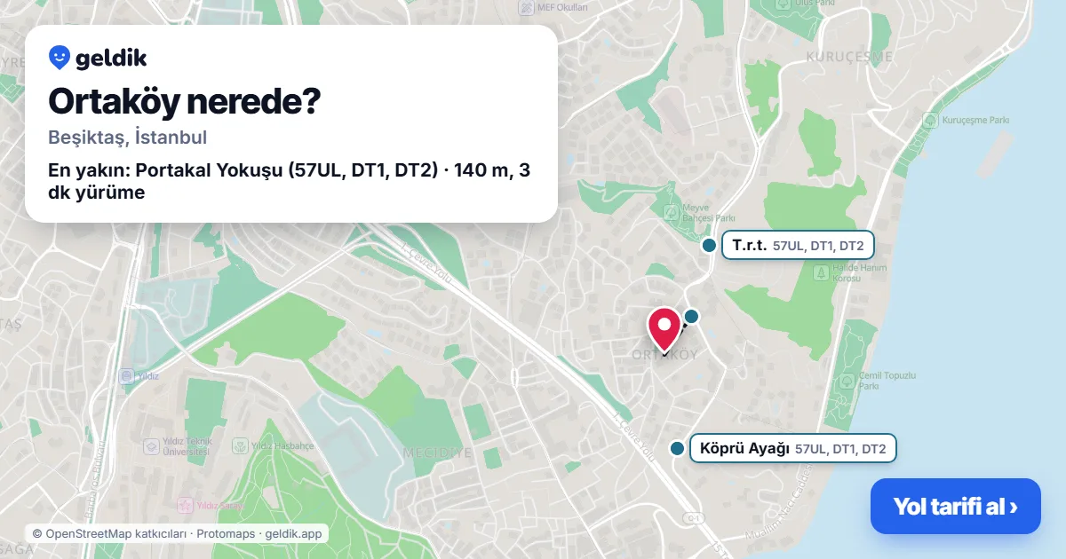 Ortaköy nerede: haritada Ortaköy (Beşiktaş) ve en yakın otobüs durakları, yürüme süresiyle