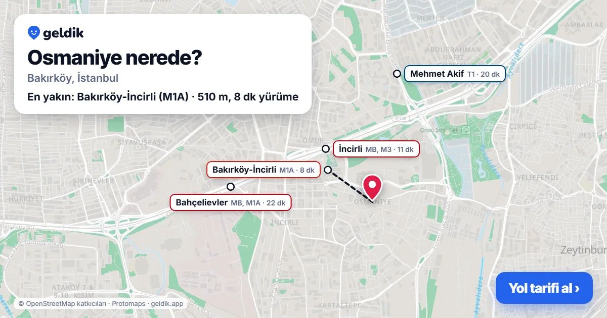 Osmaniye nerede: haritada Osmaniye (Bakırköy) ve en yakın istasyonlar, yürüme süresiyle