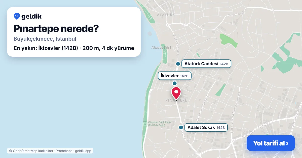 Pınartepe nerede: haritada Pınartepe (Büyükçekmece) ve en yakın otobüs durakları, yürüme süresiyle