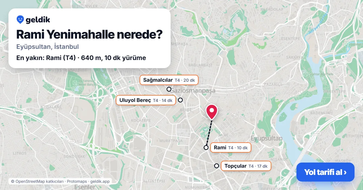 Rami Yenimahalle nerede: haritada Rami Yenimahalle (Eyüpsultan) ve en yakın istasyonlar, yürüme süresiyle