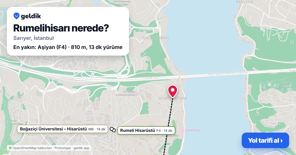 Rumelihisarı nerede: haritada Rumelihisarı (Sarıyer) ve en yakın istasyonlar, yürüme süresiyle