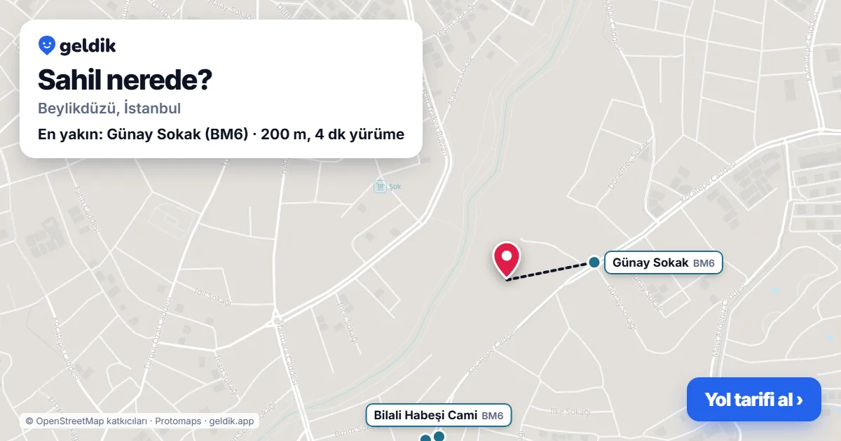 Sahil nerede: haritada Sahil (Beylikdüzü) ve en yakın otobüs durakları, yürüme süresiyle