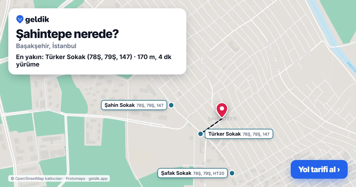 Şahintepe nerede: haritada Şahintepe (Başakşehir) ve en yakın otobüs durakları, yürüme süresiyle