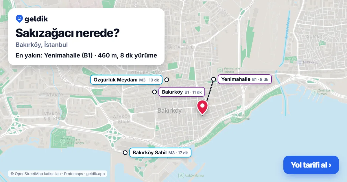 Sakızağacı nerede: haritada Sakızağacı (Bakırköy) ve en yakın istasyonlar, yürüme süresiyle