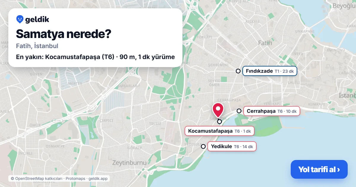 Samatya nerede: haritada Samatya (Fatih) ve en yakın istasyonlar, yürüme süresiyle