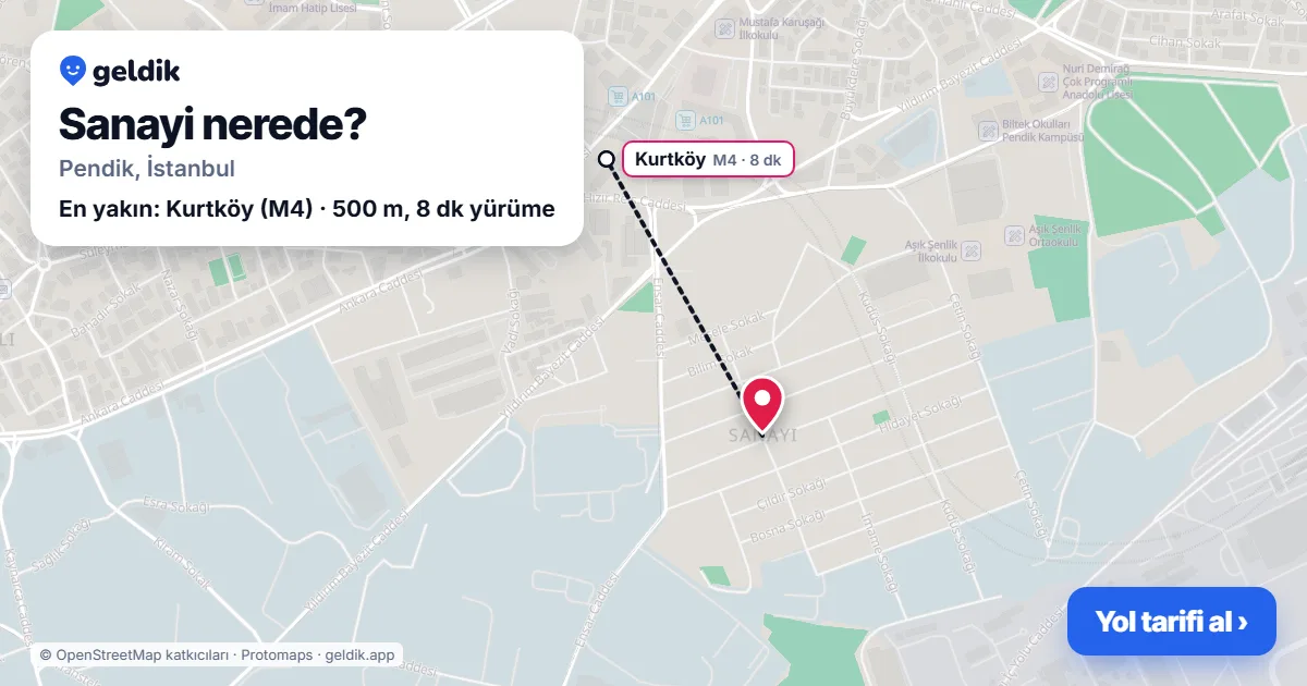 Sanayi nerede: haritada Sanayi (Pendik) ve en yakın istasyonlar, yürüme süresiyle