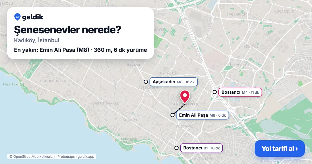 Şenesenevler nerede: haritada Şenesenevler (Kadıköy) ve en yakın istasyonlar, yürüme süresiyle