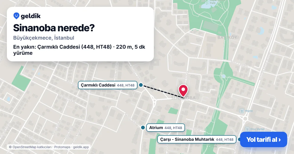 Sinanoba nerede: haritada Sinanoba (Büyükçekmece) ve en yakın otobüs durakları, yürüme süresiyle