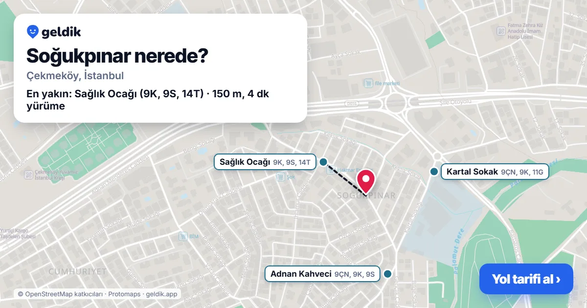 Soğukpınar nerede: haritada Soğukpınar (Çekmeköy) ve en yakın otobüs durakları, yürüme süresiyle
