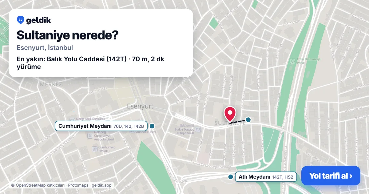 Sultaniye nerede: haritada Sultaniye (Esenyurt) ve en yakın otobüs durakları, yürüme süresiyle