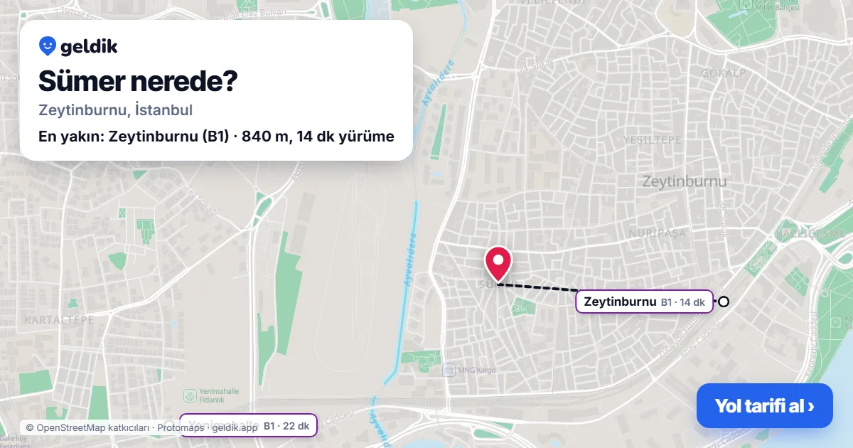 Sümer nerede: haritada Sümer (Zeytinburnu) ve en yakın istasyonlar, yürüme süresiyle