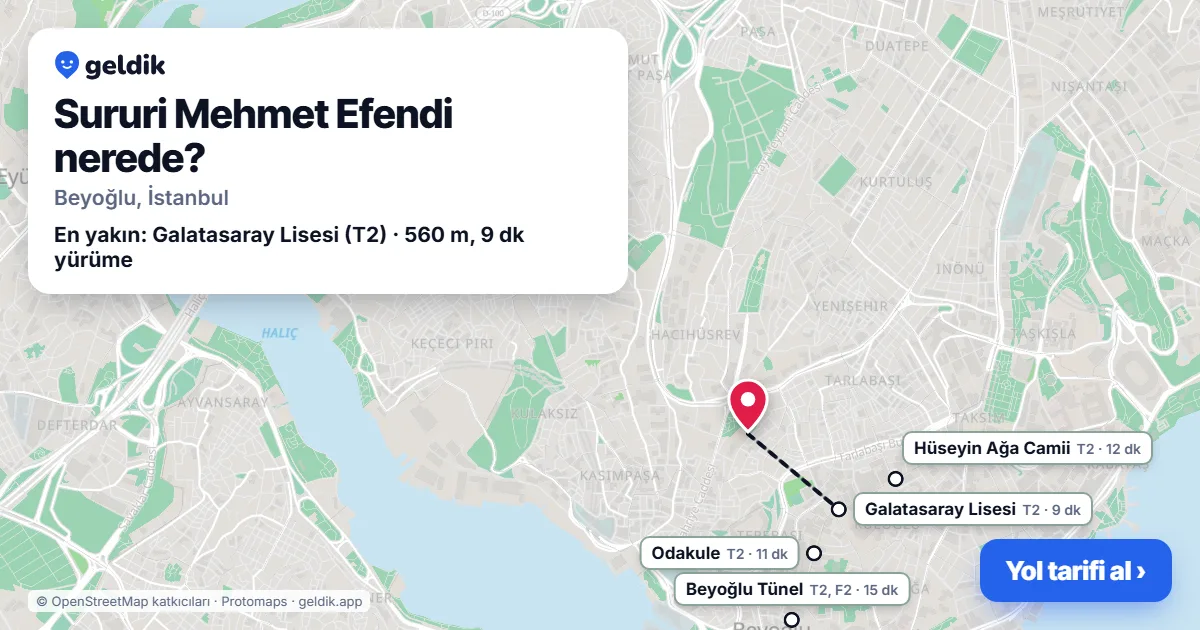 Sururi Mehmet Efendi nerede: haritada Sururi Mehmet Efendi (Beyoğlu) ve en yakın istasyonlar, yürüme süresiyle