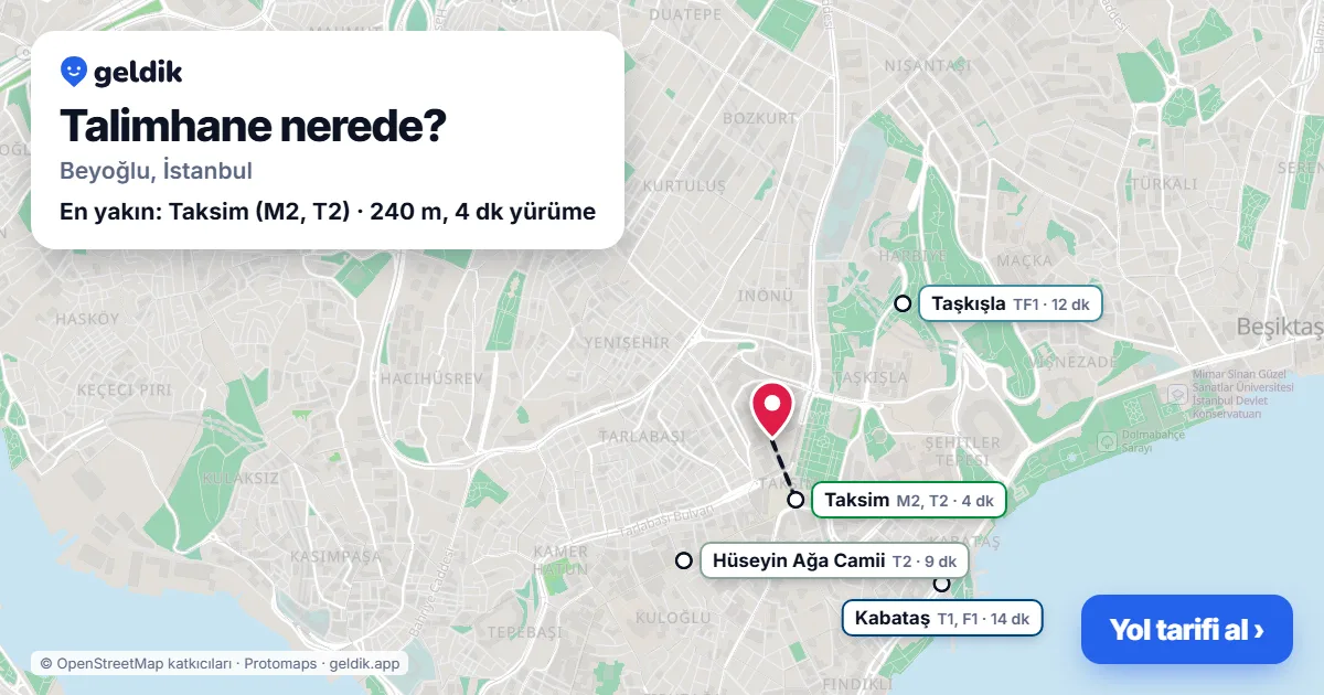 Talimhane nerede: haritada Talimhane (Beyoğlu) ve en yakın istasyonlar, yürüme süresiyle