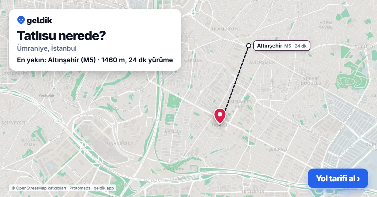 Tatlısu nerede: haritada Tatlısu (Ümraniye) ve en yakın istasyonlar, yürüme süresiyle