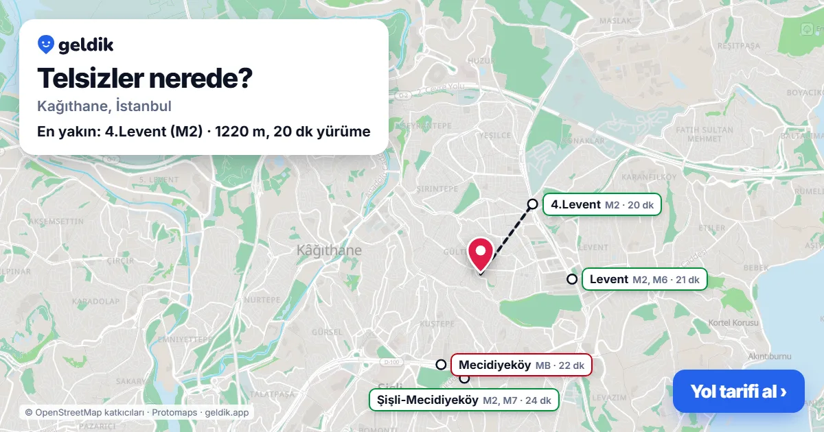 Telsizler nerede: haritada Telsizler (Kağıthane) ve en yakın istasyonlar, yürüme süresiyle