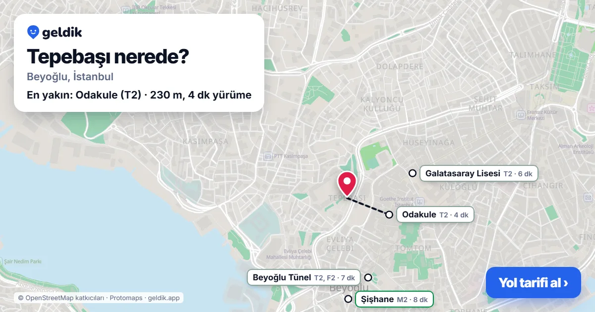 Tepebaşı nerede: haritada Tepebaşı (Beyoğlu) ve en yakın istasyonlar, yürüme süresiyle