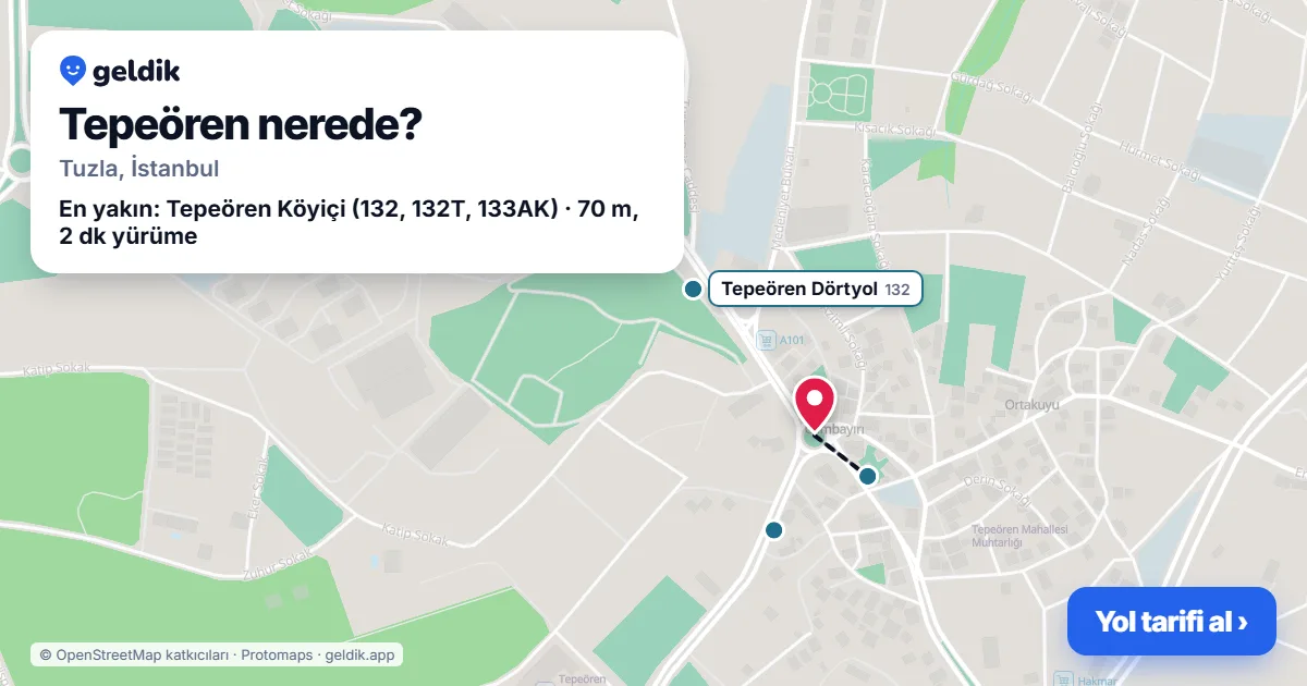 Tepeören nerede: haritada Tepeören (Tuzla) ve en yakın otobüs durakları, yürüme süresiyle
