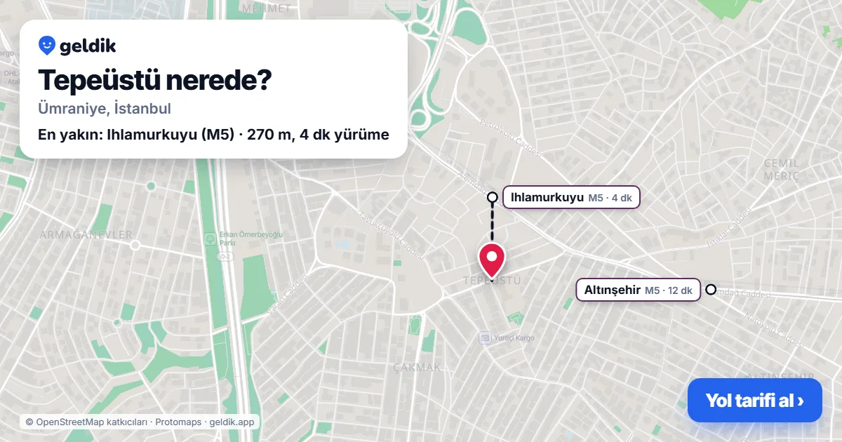 Tepeüstü nerede: haritada Tepeüstü (Ümraniye) ve en yakın istasyonlar, yürüme süresiyle