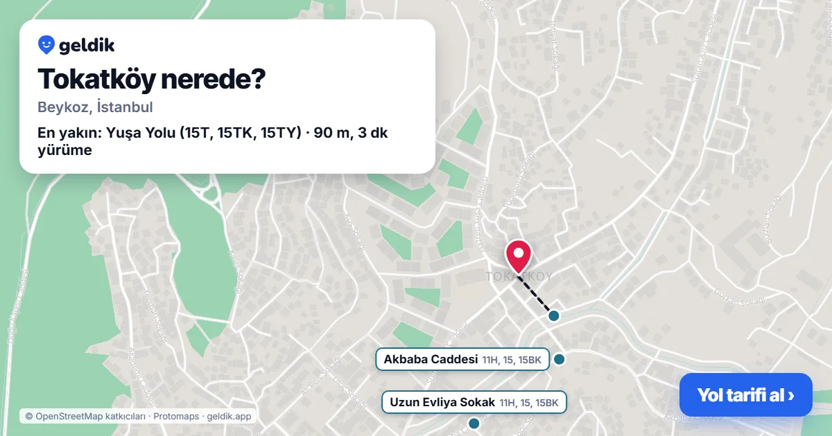 Tokatköy nerede: haritada Tokatköy (Beykoz) ve en yakın otobüs durakları, yürüme süresiyle