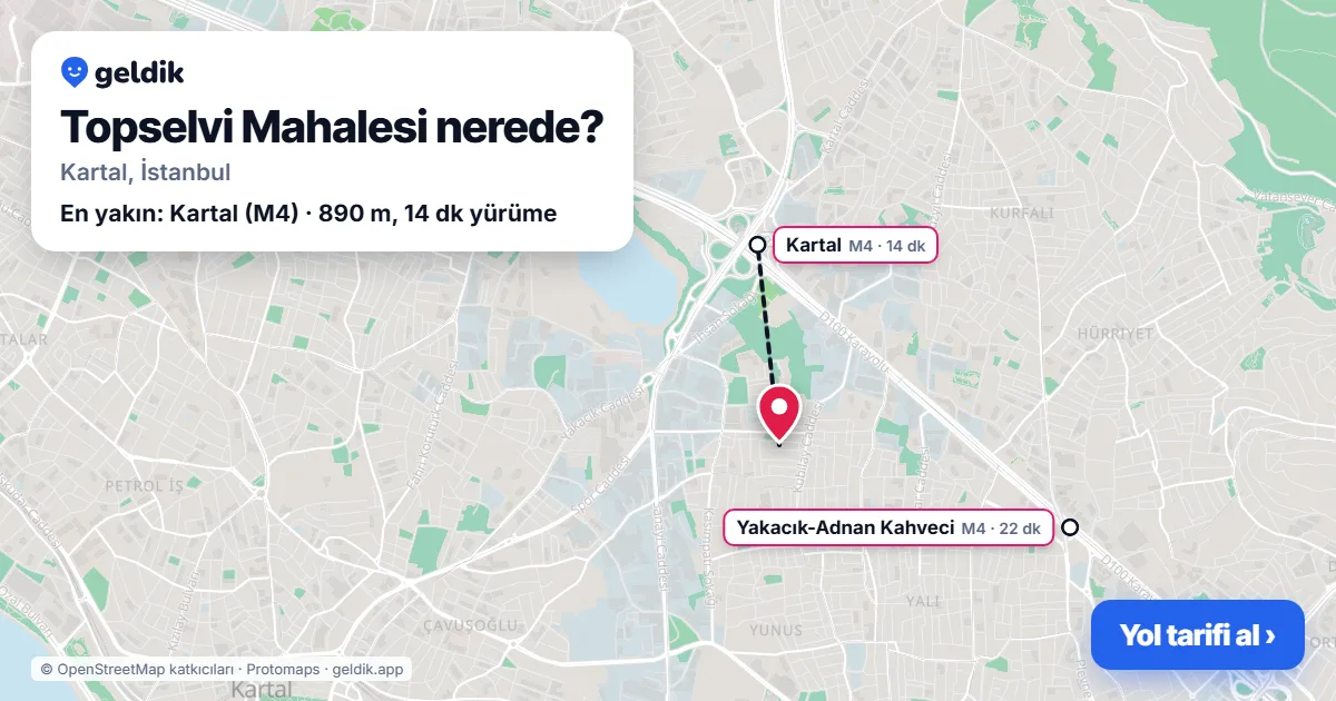 Topselvi Mahalesi nerede: haritada Topselvi Mahalesi (Kartal) ve en yakın istasyonlar, yürüme süresiyle