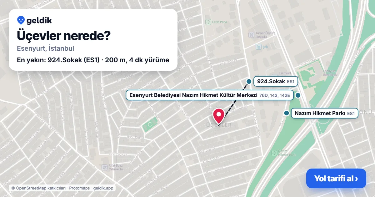 Üçevler nerede: haritada Üçevler (Esenyurt) ve en yakın otobüs durakları, yürüme süresiyle