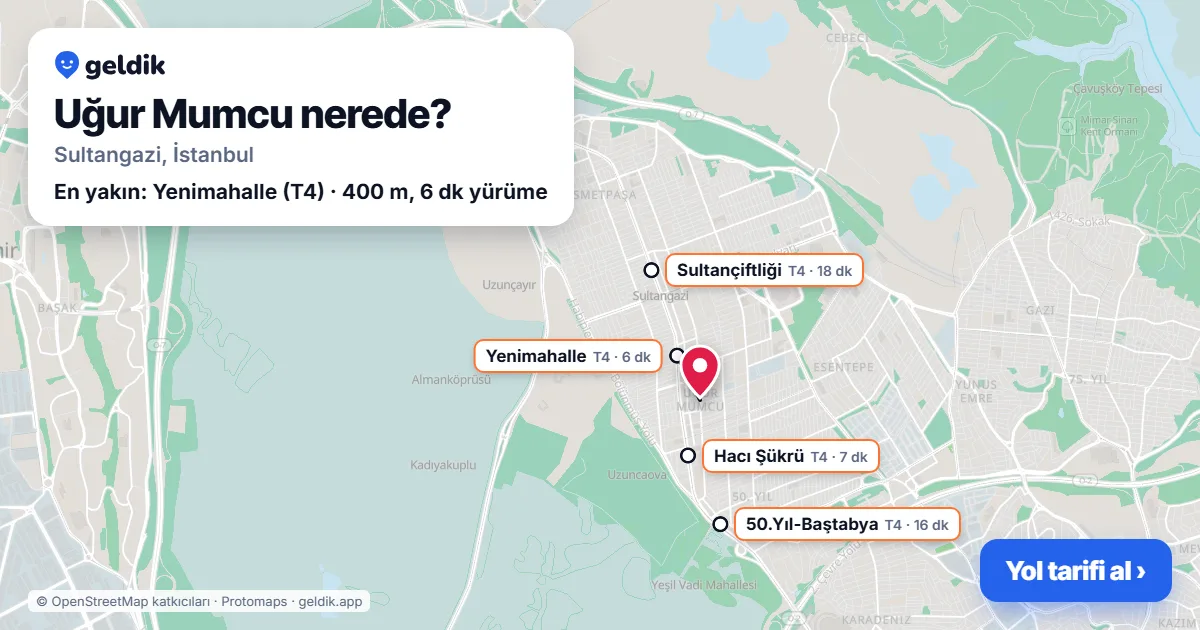 Uğur Mumcu nerede: haritada Uğur Mumcu (Sultangazi) ve en yakın istasyonlar, yürüme süresiyle