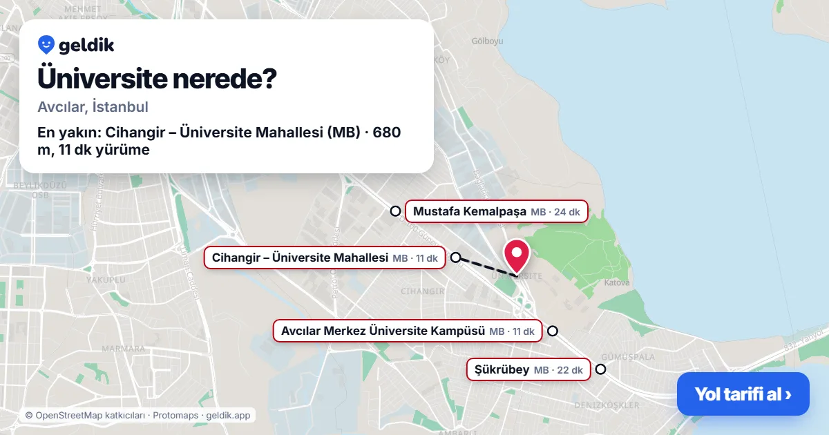 Üniversite nerede: haritada Üniversite (Avcılar) ve en yakın istasyonlar, yürüme süresiyle