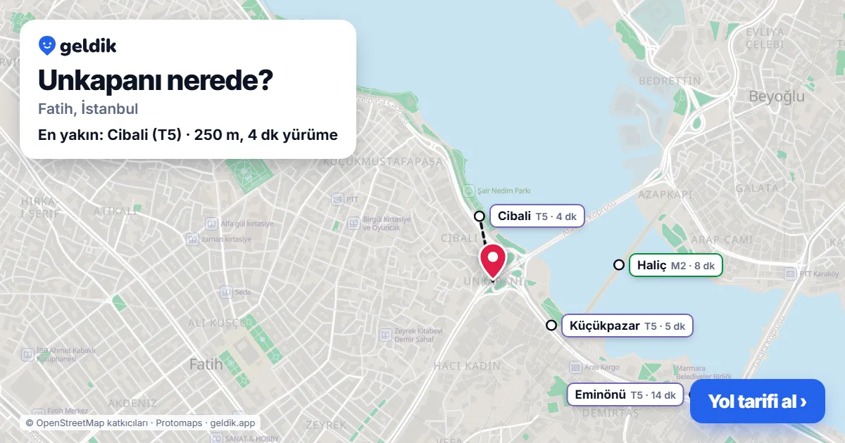 Unkapanı nerede: haritada Unkapanı (Fatih) ve en yakın istasyonlar, yürüme süresiyle