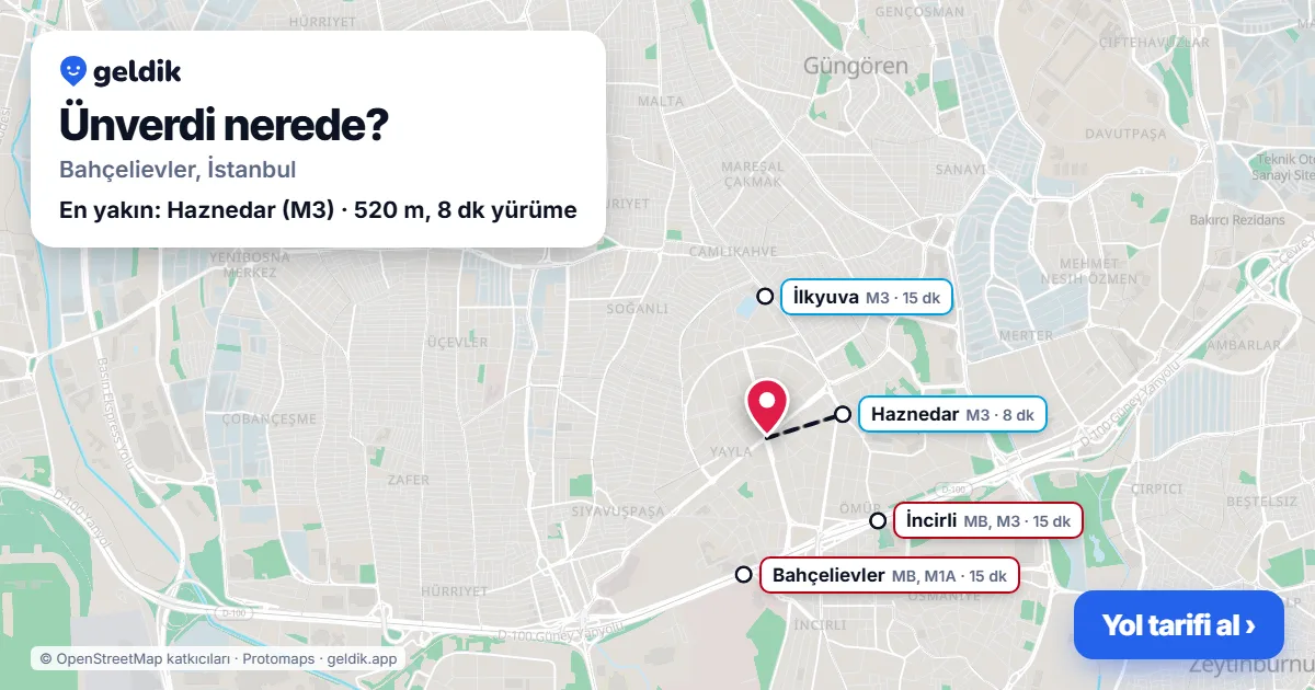 Ünverdi nerede: haritada Ünverdi (Bahçelievler) ve en yakın istasyonlar, yürüme süresiyle