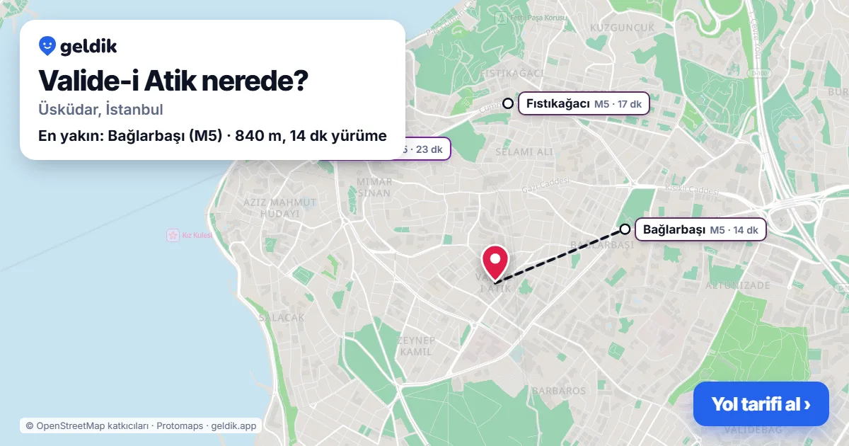 Valide-i Atik nerede: haritada Valide-i Atik (Üsküdar) ve en yakın istasyonlar, yürüme süresiyle