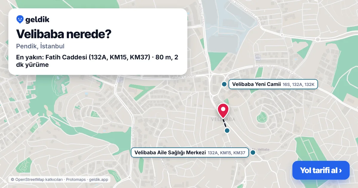 Velibaba nerede: haritada Velibaba (Pendik) ve en yakın otobüs durakları, yürüme süresiyle