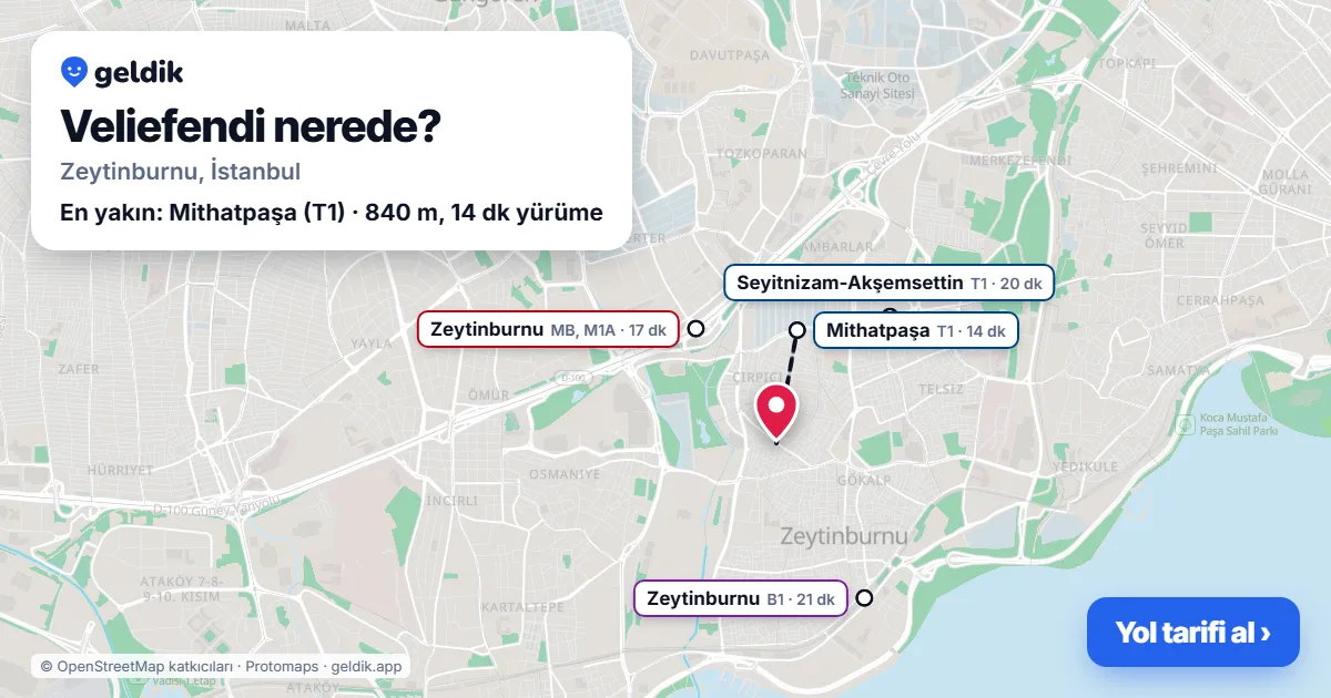 Veliefendi nerede: haritada Veliefendi (Zeytinburnu) ve en yakın istasyonlar, yürüme süresiyle
